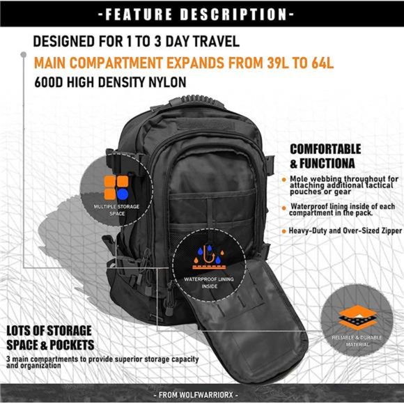 Men Backpack Large Capacity Military Tactical Hiking Expandable 39L-60L Backpack - Picture 3 of 6